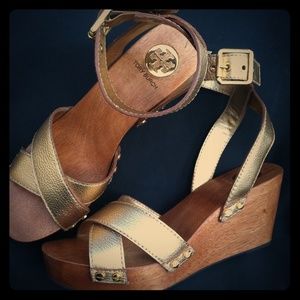 Tory Burch wooden heel gold wedge